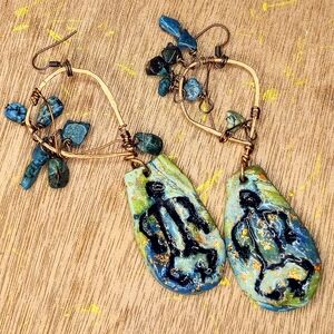 Rustic Native American Petroglyph Lizard On Turquoise Clay In Copper Earrings